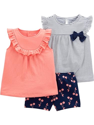 Simple Joys by Carter's Baby-Mädchen 3-Piece Playwear T-Shirt-Set, Marineblau Streifen/Pfirsich/Kirschen, 3 Jahre von Simple Joys by Carter's