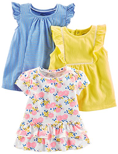 Simple Joys by Carter's Baby-Mädchen Short-Sleeve and Tops, Pack of 3 T-Shirt, Blau Streifen/Gelb/Weiß Floral, 5 Jahre (3er Pack) von Simple Joys by Carter's