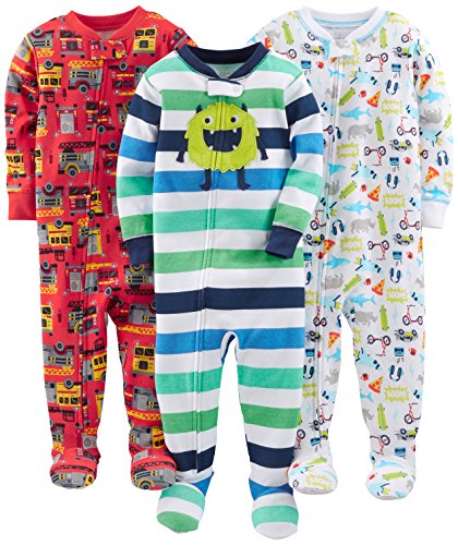 Simple Joys by Carter's Baby Jungen 3-Pack Snug Fit Footed Cotton Pajamas Pyjamaset, Rot Feuerwehrauto/Weiß Haifische/Monster, 3 Jahre (3er Pack) von Simple Joys by Carter's