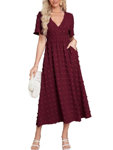 Simplee Boho-Maxikleid für Damen, Sommer, Hochzeit, Gäste, kurze Ärmel, V-Ausschnitt, fließendes Kleid mit Schweizer Punkten, Swiss Dot Weinrot, Klein Simplee Boho-Maxikleid für Damen, Sommer, Hochzeit, Gäste, kurze Ärmel, V-Ausschnitt, fließendes Kleid mit Schweizer Punkten, Swiss Dot Weinrot, Klein von Simplee Apparel