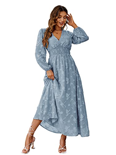 Simplee Damen Brautjungfer Hochzeit Gast Formal Maxikleid Boho Floral Flowy Langes Kleid V Ausschnitt Langarm Rüschen Kleid, 1#blau, X-Groß von Simplee Apparel