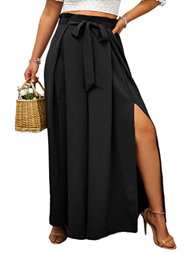 Simplee Damen-Plue-Größe, seitlich geteilt, weites Bein, lässig, hohe Taille, Strand, fließende Hose, bequem, Lounge, mit Gürtel, A1_black, X-Groß von Simplee Apparel