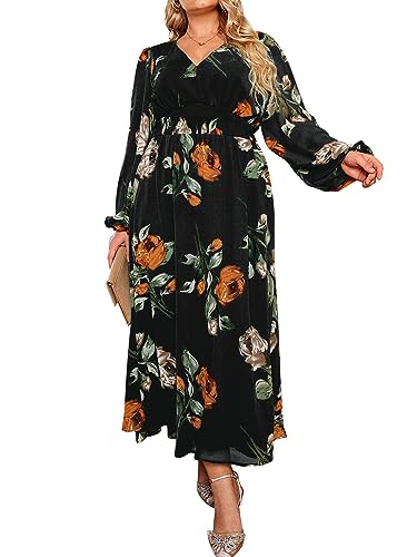 Simplee Maxikleid für Damen, Boho-Stil, Blumenmuster, fließend, lässig, V-Ausschnitt, kurze Ärmel, Hochzeit, Gäste, Urlaub, Strand, langes Kleid, P2-schwarz, XX-Large von Simplee Apparel