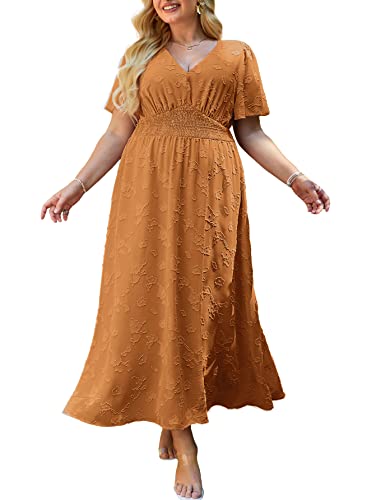 Simplee Maxikleid für Damen, Boho-Stil, Blumenmuster, fließend, lässig, V-Ausschnitt, kurze Ärmel, Hochzeit, Gast, Urlaub, Strand, langes Kleid, burnt orange, X-Groß von Simplee Apparel