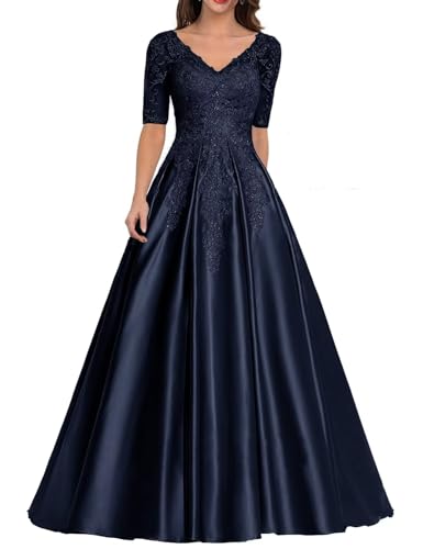 Kleid für die Brautmutter mit Spitzenapplikation Formales Abendkleid aus Satin mit V-Ausschnitt Langes A-Linie Ballkleid von Sincemeet