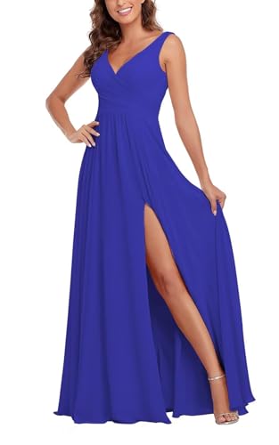 Sincemeet Damen Brautjungfernkleider V Ausschnitt Lange Chiffon Abendkleid mit Schlitz Cocktailkleid Elegant für Hochzeit von Sincemeet