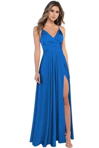 Sincemeet Damen V-Ausschnitt Spaghettiträger Satin Brautjungfernkleider formeller Satin Abschlussball Abendkleider mit Schlitz von Sincemeet