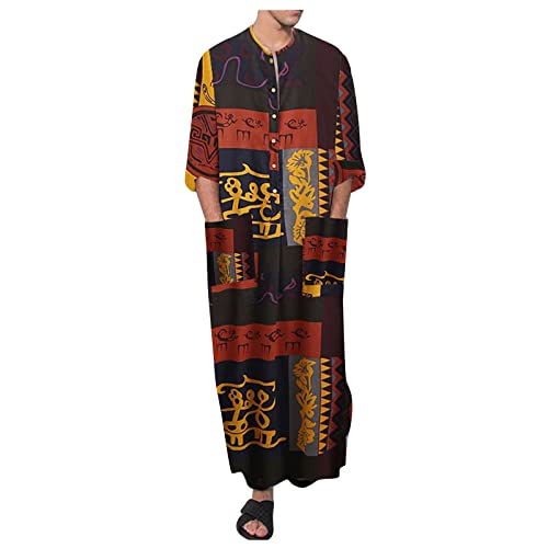 Singular-Point Herren Nachthemd Kaftan lang kostüm Langarm männer weiß Caftan hemdglunker Baumwolle Druck Hemd Herren kostüme leinen Men Muslim weiße übergröße, arabische Kleidung (Black，4XL) von Singular-Point