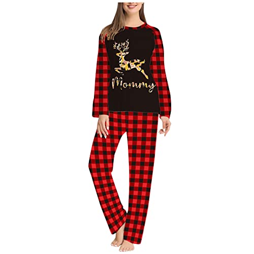 Weihnachts Pyjama Family Set Langarm Rundhals Hausanzug Nachtwäsche Rentier Druck Top+Kariert Drucken Hose Zweiteiliger Schlafanzug Frauen Männer Familien Pyjamas Anzug Nachthemden von Singular-Point