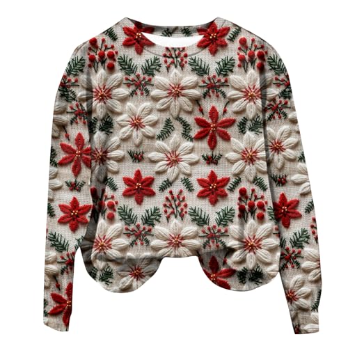 Weihnachtspullover Damen-Pullover Damen Herbst Sale Sweatshirt Ohne Kapuze weihnachts Drucken Langarm Rundhals Pulli Winter Frauen Locker Casual Oberteil Sport Streetwear Tops Kleidung,J# Khaki,S von Singular-Point