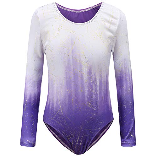 Sinoeem Gymnastikanzug Für Mädchen Ballett Kinder Langarm/Ärmellos Kurzarm Gradient Color Round Neck Turnanzug Für 3-12 Jähriges Mädchen (Lila - Langarm, Tag 10A(9-10 Years)) von Sinoeem