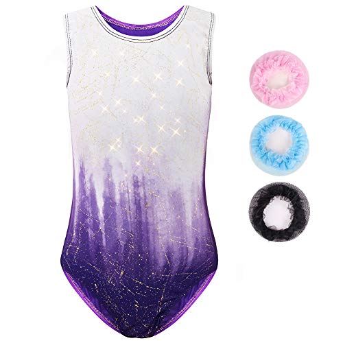 Sinoeem Gymnastikanzug Für Mädchen Ballett Kinder Langarm/Ärmellos Kurzarm Gradient Color Round Neck Turnanzug Für 3-12 Jähriges Mädchen (Lila - Kurzarm, Tag 10A(9-10 Years)) von Sinoeem