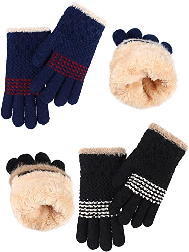 2 Paar Kinder Handschuhe Vollfinger Strick Handschuhe Winter Fleece Kinderhandschuhe für Jungen Mädchen (Marineblau, Schwarz) von Sintege