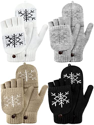 4 Paar Frauen Fingerlos Handschuhe Strickhandschuhe mit Fäustlinge Kappe (Weiß, Schwarz, Grau, Khaki, Schneeflocken Stil) von Sintege