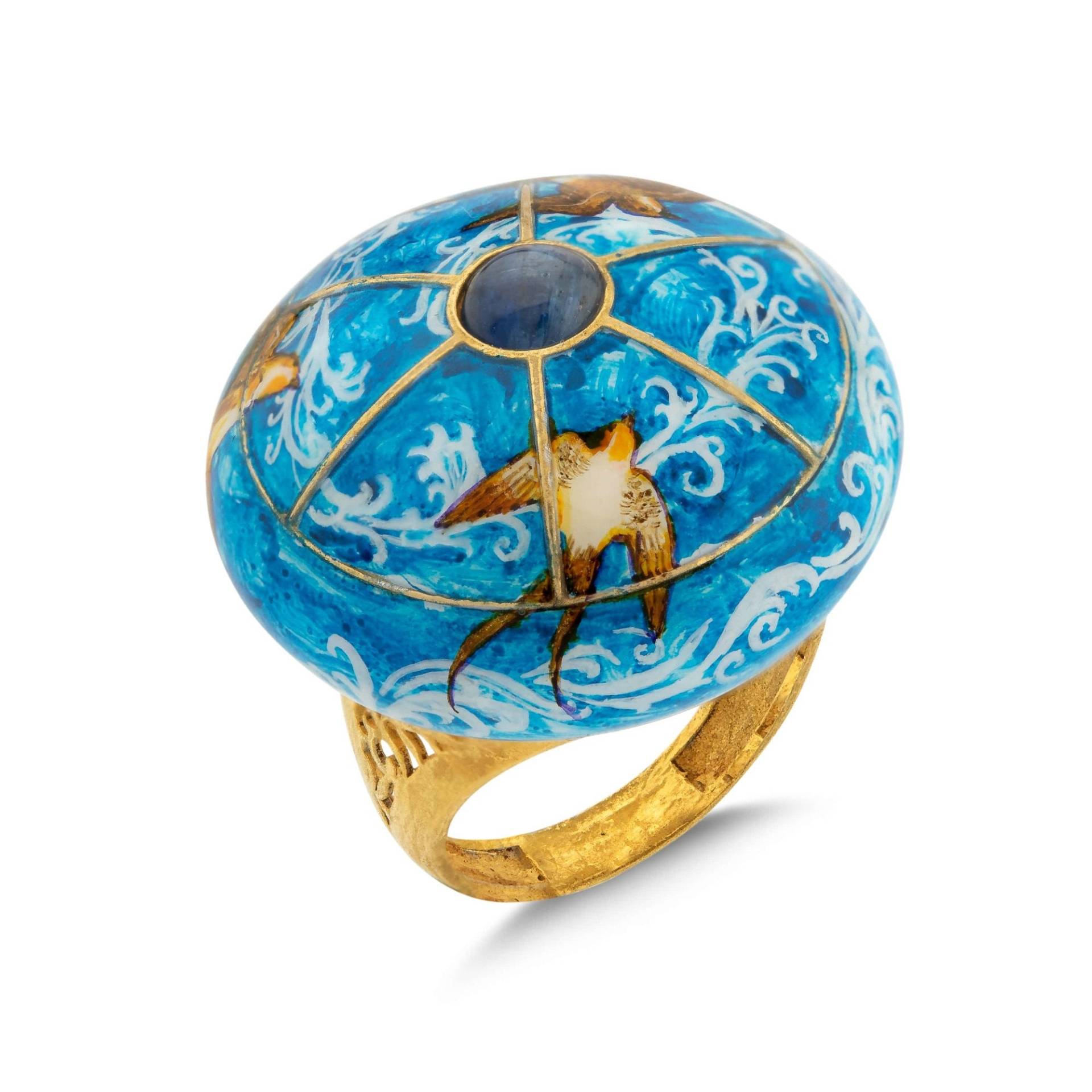 Blauer Saphir Ring, Handgemachte Vögel Gemalt Siegelring, Unisex Statement 24K Gold Tier Edelstein Schmuck, Frauen Geschenk von SiriusDiamond