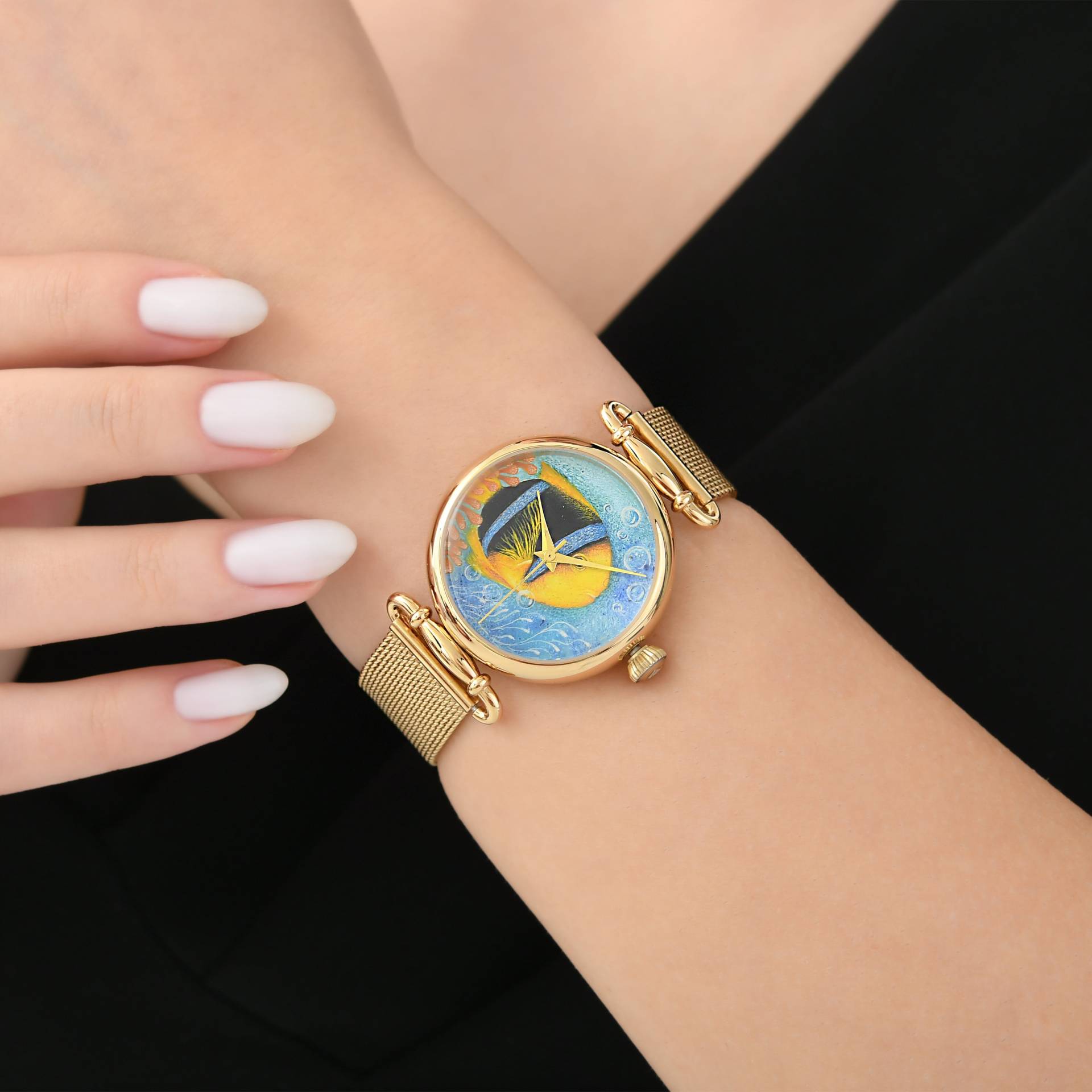 Micro Acryl Gemalte Fisch-Frauen-Uhr, Einzigartige Armbanduhr Mit Blauem Zifferblatt, Goldener Edelstahl Noch Luxusuhr, Wasserdichte Uhr von SiriusDiamond