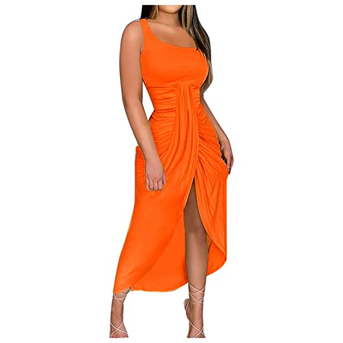 Sisifa Party Kleider Damen Sommer Boho Trägerloses Strandkleid Casual Maxikleider mit Schlitz Langes Kleid Einfarbig/Blumen Ruched Schulterfrei Wickelkleid Abendkleid Off Shouder, H-orange, L von Sisifa