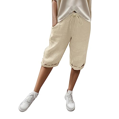 Kurze Hose Damen Sommerhosen Leicht Und Luftig Musselin Knielang Leinenhose Locker Hohe Taille Caprihose Elastisch Einfarbig Strandhose Stoffhose Casual Pants Mit Kordelzug Damen Sommer von Sizoer