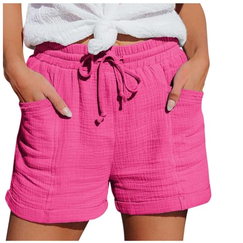 Shorts Damen Sommer Leinen Kurze Hose Beach Shorts Mit Taschen Mode Lässige Stoffhose Musselin Freizeit Shorts Elastische Hoher Taille Stretch Gerades Bein Sport Shorts mit Kordelzug Leinenshort von Sizoer