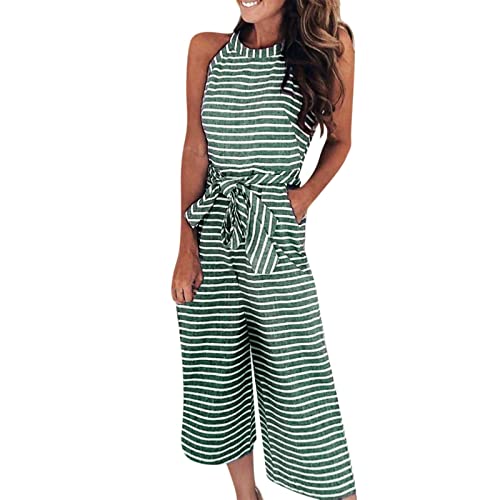 Jumpsuit Damen Elegant Sommer Lang Hosenanzug Casual Strand Overall Frauen Gestreiften Ärmellos Playsuit Breites Bein Romper Lose O-Ausschnitt Festlich Jumpsuit mit Gürtel von Skang