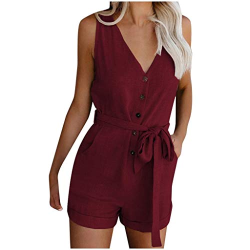 Jumpsuit Damen Sommer Kurz Elegant V-Ausschnitt Playsuit Casual Ärmellos Romper mit Taschen und Gürtel Lose Playsuit Romper Hosenanzug Playsuits für Geschäftliche Arbeit von Skang