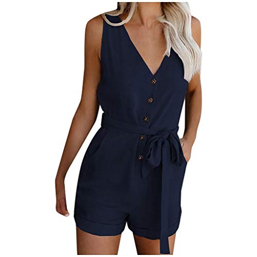 Jumpsuit Damen Sommer Kurz Elegant V-Ausschnitt Playsuit Casual Ärmellos Romper mit Taschen und Gürtel Lose Playsuit Romper Hosenanzug Playsuits für Geschäftliche Arbeit von Skang