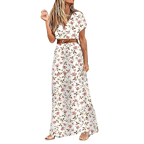 Skang Damen Sommerkleid Boho Elegant V-Ausschnitt Kurzarm Maxikleid Drucken Sommer Lang Kleid Strandkleid Böhmisch Blumenkleid Partykleid Freizeitkleid mit Gürtel von Skang