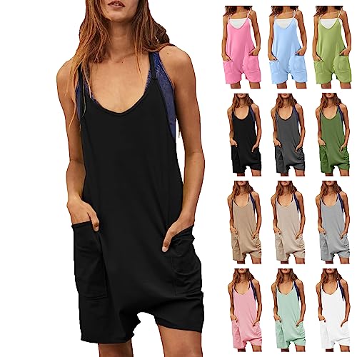 Sommer Jumpsuit Damen Kurz Overall Einteiler Romper Frauen Kurz Hosenanzug Playsuit Elegant V Ausschnitt Ärmellos Strand Overall Casual Locker Lässig Jumpsuit mit Taschen von Skang