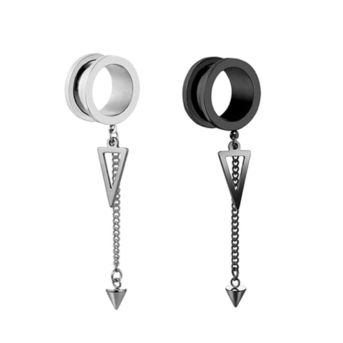 2Pcs Edelstahl 10mm Tunnel Frauen, Tunnel Silber Schwarz Rund Mit Kette Und Dreiecksanhänger Piercing Set von Skcess