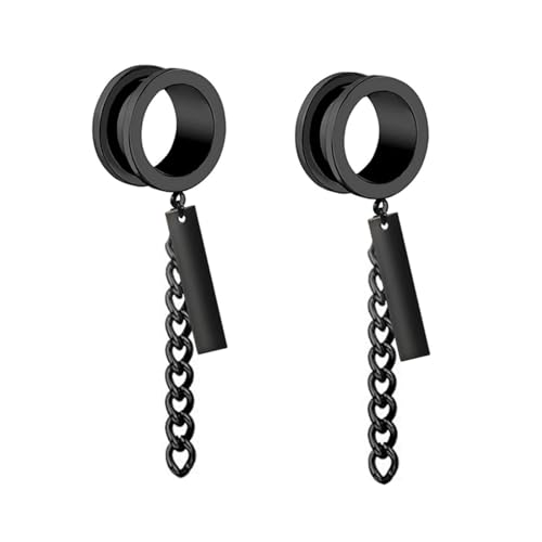 2Pcs Edelstahl 10mm Tunnel Männer, Tunnel Frauen Schwarz Rund Mit Kette Und Rechteckigem Anhänger Flesh Tunnel Set von Skcess