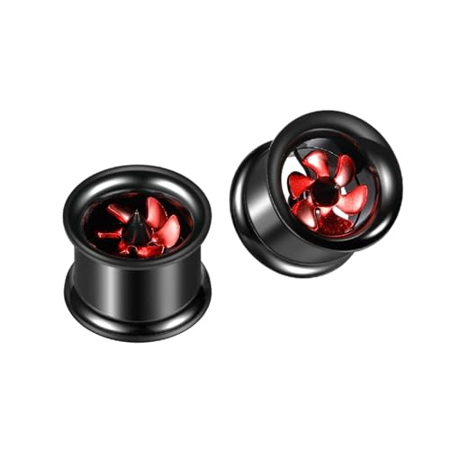 2Pcs Edelstahl 12mm Tunnel Set, Tunnel Frauen Schwarz Mit Roter Windmühle Flesh Tunnel Set von Skcess