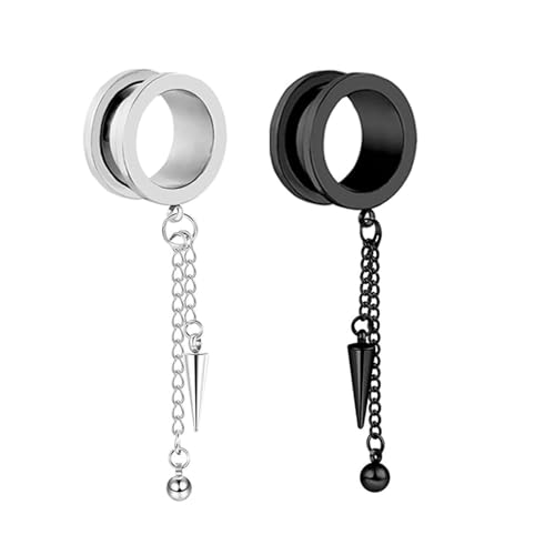 2Pcs Tunnel 14mm Damen Edelstahl, Ear Tunnel Plug Silber Schwarz Rund Mit Kette Und Kegelanhänger Ohrloch Stecher Set von Skcess