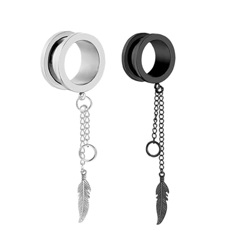 2Pcs Tunnel 16mm Frauen Edelstahl, Ohr Tunnel Männer Silber Schwarz Rund Mit Kette Und Blattanhänger Flesh Tunnel Set von Skcess