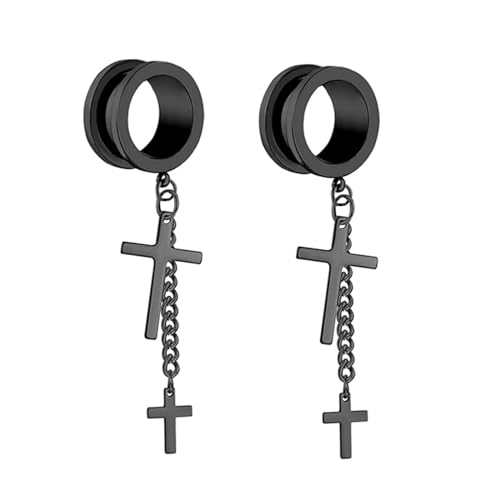 2Pcs Tunnel 6mm Damen Edelstahl, Tunnel Schwarz Rund Mit Kette Und Kreuzanhänger Piercing Set von Skcess