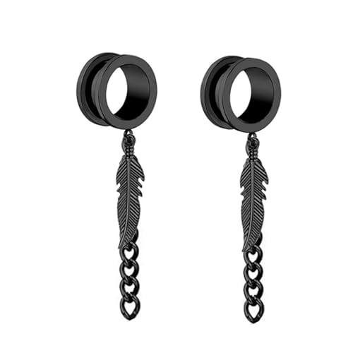 2Pcs Tunnel 8mm Damen Edelstahl, Ohr Tunnel Männer Schwarz Rund Mit Kette Und Blattanhänger Piercing Set von Skcess