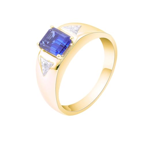 9 Karat Gelbgold Matching Rings Blau Im Labor Hergestellter Saphir Rechteckig, Partnerringe Geometrisch Moissanit Ring Damen Größe 66 (21.0) von Skcess