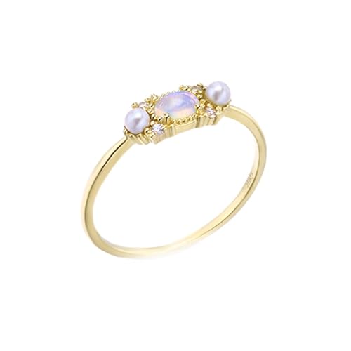 Skcess 18 Karat Gelbgold Partnerringe Blau Opal Oval, Ringe Damen Dünner Ovaler Opal mit Zwei Perlen Ringe Frauen Größe 60 (19.1) von Skcess