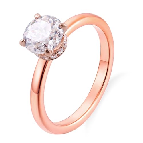 Skcess 9 Karat Roségold Ehering Weiß Moissanit Runden, Zierlicher Ring Solitär 4 Zinken Ring Damen Größe 52 (16.6) von Skcess