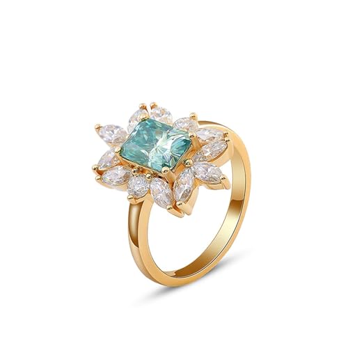 Skcess Goldring Damen 585 Echtgold 14K Promise Ring Blau Grün Moissanit Rechteckig, Eheringe Blume Ringe Frauen Größe 60 (19.1) von Skcess