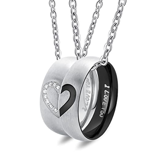 Skcess Schmuck Paar Halskette Edelstahl，Puzzle Herz Halskette Zirkon Ring mit Gravur I Love You Kette Damen Silber 50CM Kette Herren Schwarz 60CM von Skcess