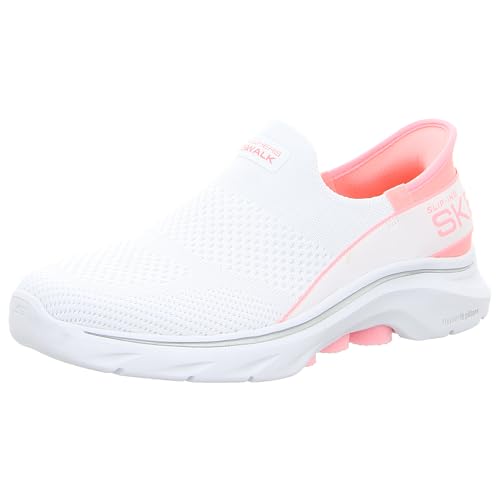 Skechers Damen GO Walk 7 MIA, Weißer Stoff Neon Pink Trim, 37 EU von Skechers