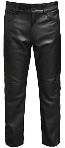 Skintan Herren Motorrad Lederhose Klassische Leder Hosen Bikerjeans Schwarz - L31 W34 von Skintan