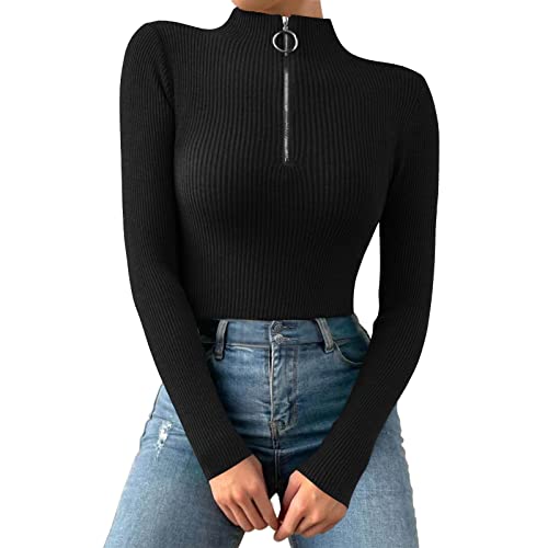 Unterziehshirt Damen Langarm Mit Stehkragen - Langarmshirt Mit 1/4 Reißverschluss Slim Fit Tshirt Einfarbig Basic Shirt Gerippt Sweatshirt Stricke Longsleeve Pullover Enges Crop Top von SkotO