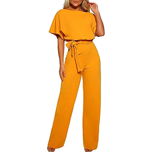 Skrsila Damen Jumpsuit Lang Elegant Kurzarm O-Ausschnitt Overall Einfarbig Hosenanzug Playsuit Romper mit Gürtel von Skrsila