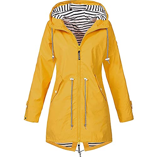 Skrsila Damen Regenjacke Lang Regenmantel mit Kapuze Wasserdicht Regenparka Leicht Wanderjacke Winddicht Funktionsjacke Outdoorjacken Übergangsjacke Softshelljacke Gelb L von Skrsila