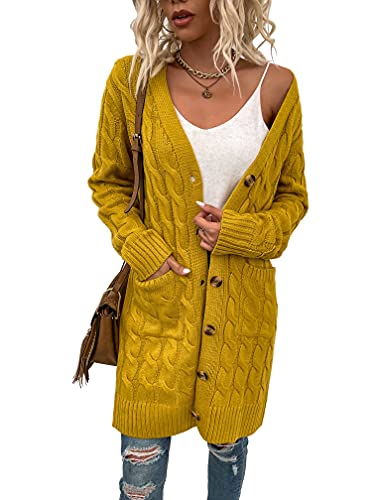 Skrsila Damen Strickjacke Lang Cardigan mit Taschen Strickmantel Langarm Knopfleiste Knit Cardigan Open Front Herbst Winter Strick Mantel von Skrsila