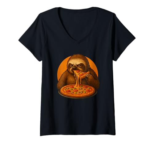 Damen Lustiges Faultier isst Pizza Cartoon Design T-Shirt mit V-Ausschnitt Damen Lustiges Faultier isst Pizza Cartoon Design T-Shirt mit V-Ausschnitt von Sloth Pizza Fun Designs