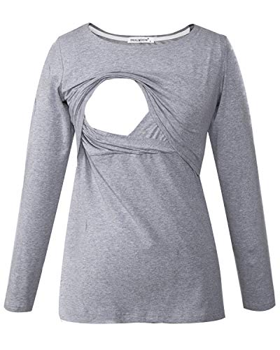 Smallshow Damen Stillshirt Umstandsmode T-Shirt Umstandstop Umstandsshirt Schwangerschaft Kleidung Stilltop Langarmshirt Grey XXL von Smallshow