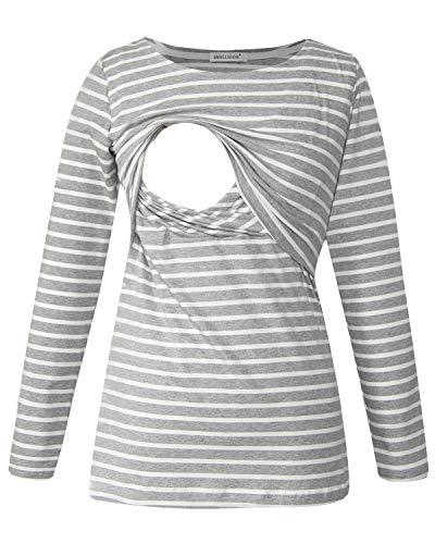 Smallshow Damen Stillshirt Umstandsmode T-Shirt Umstandstop Umstandsshirt Schwangerschaft Kleidung Stilltop Langarmshirt Grey Stripe S von Smallshow