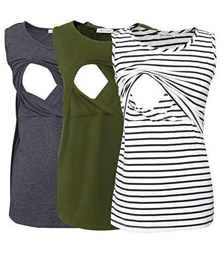 Smallshow Damen Ärmellose Umstandstop Mutterschaft Umstandskleidung Stillen Weste Tops 3 Stücke Army Green-Deep Grey-White Stripe M von Smallshow